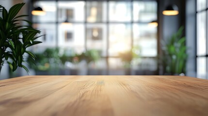 Stunning wooden surface in a modern interior setting with lush plants and bright window light creating a vibrant and inviting workspace ambiance