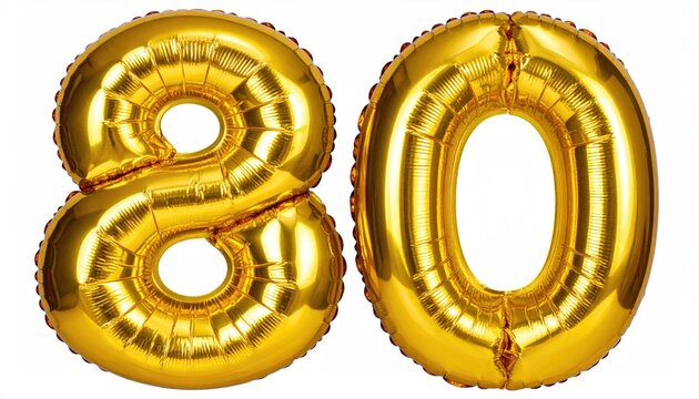 Golden foil balloons 80 numeral shapes isolated