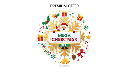 Mega Christmas Deal: Festive visual representing a premium Christmas offer, centered around a snowflake-shaped design. it's a promotional message to capture attention with a merry holiday theme.