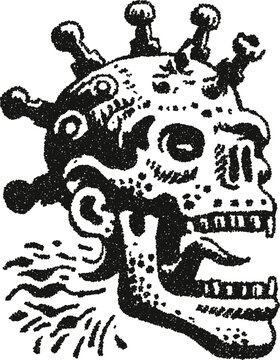 Exploding mechanical skull with bolts and smoke trail, horror stipple vector illustration for metal album cover and tattoo artwork