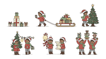 Holiday Delight: Whimsical illustrations capture the spirit of the holiday season, with joyful scenes of gift-giving, festive decorations, and a child’s delight.