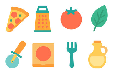 Flat design pizza elements: slices, cheese grater, tomato, leaf, fork, and oil