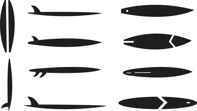 Surfboard silhouettes collection different shapes and styles vector set