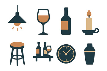 Flat icon set of bar elements: lamp, glass, bottle, candle, stool, shelf, clock, shaker