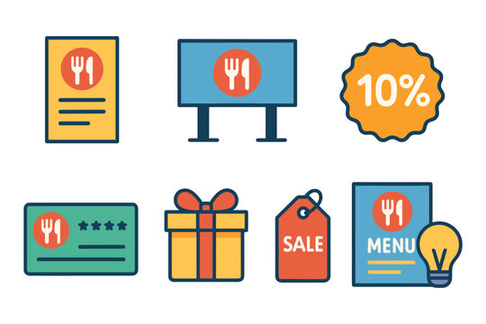 Colorful restaurant marketing icons with discount and sale tags