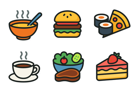 Colorful food icons: burgers, sushi, cake, and more