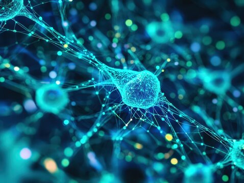 A detailed close up of interconnected neural network with glowing nodes and connecting lines in blue hues