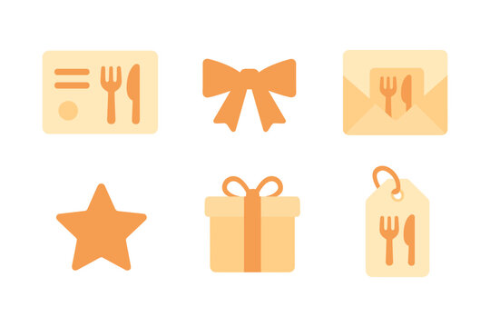 Flat style dining themed icons: gift, bow, star, label, utensils