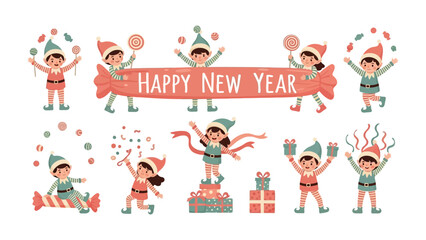 Happy New Year Elves Festivity: A whimsical scene featuring cheerful elves in festive attire, spreading joy and celebration with confetti, gifts, and a joyous banner.