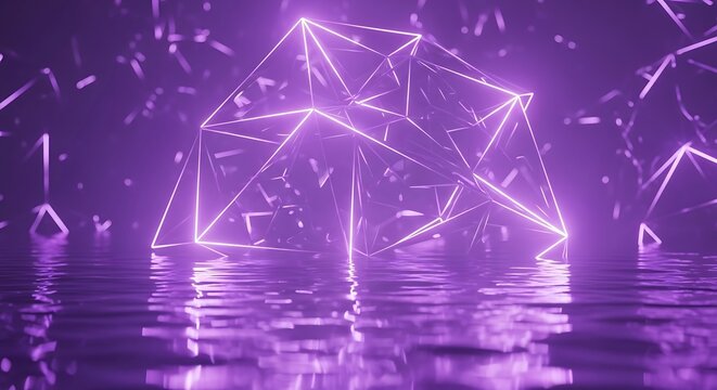 Abstract Neon Geometric Structure Floating Above Water with Particles. - Powered by Adobe