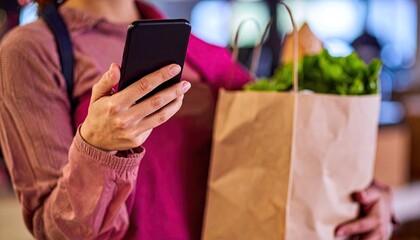 Smiling customer using smartphone while holding grocery bag at checkout 