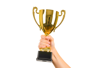 Hand holding up a golden trophy cup isolated on transparent background
