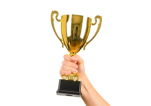 Hand holding up a golden trophy cup isolated on transparent background