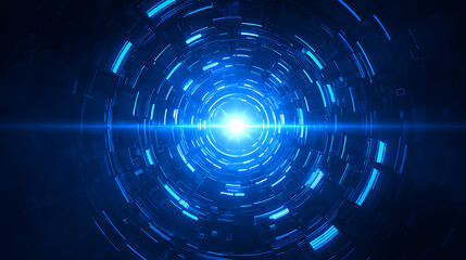 Fototapeta premium Radiant blue circular tunnel with glowing core and light streak abstract background