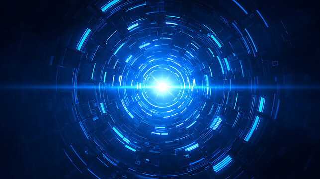 Radiant blue circular tunnel with glowing core and light streak abstract background