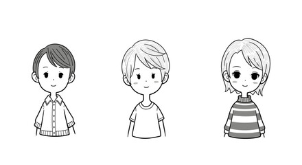 Cute cartoon children characters in monochrome style on white background