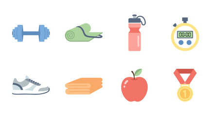 Fitness essentials collection featuring dumbbell, yoga mat, water bottle, stopwatch, and more