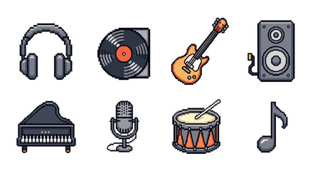 Retro 8-bit music icons set: headphones, vinyl, guitar, and more