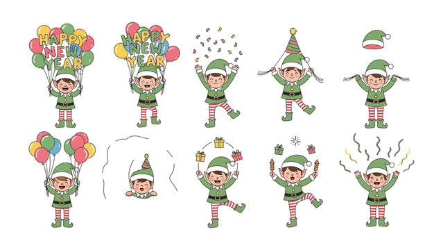 Elves' Holiday Cheer: A collection of delightful elf illustrations showcasing festive joy, from balloon displays to playful juggling, capturing the enchantment of celebration.