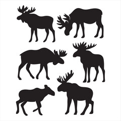 Fototapeta premium Collection of silhouette illustrations featuring moose in various poses and actions