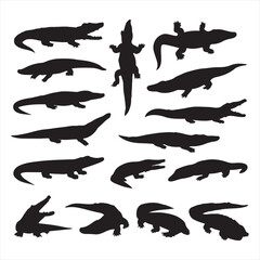 Fototapeta premium Collection of silhouettes depicting various alligators and crocodiles in different poses and angles