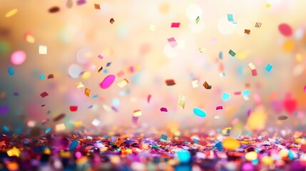 Celebrate with vibrant confetti falling against a golden bokeh background, perfect for festive events, parties, birthdays, and joyful occasions