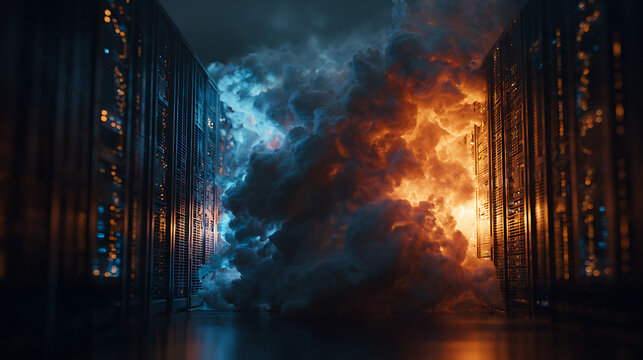 Server racks engulfed in dramatic blue and orange smoke data center technology