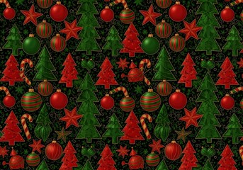 A festive seamless Christmas pattern featuring red and green trees, ornaments, candy canes, and stars on a dark background.