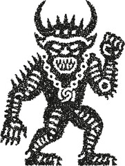 Walking devil monster vector illustration with horns and spotted body in playful vintage stipple dotwork style

