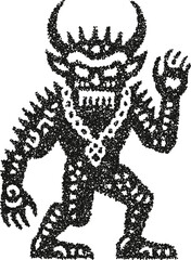Walking devil monster vector illustration with horns and spotted body in playful vintage stipple dotwork style
