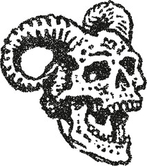 Ram skull profile vector illustration with large curved horns in vintage stipple dotwork style
