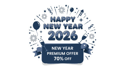 Festive New Year 2026: An elegant design, perfect for New Year celebrations, adorned with sparkling decorations and celebratory elements. Featuring a banner announcing a special discount.