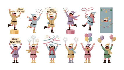 New Year's Celebrations Illustration: A series of vibrant illustrations captures the joyful essence of the new year, with whimsical scenes of children reveling in festive cheer.