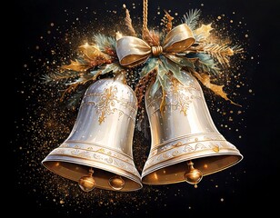 Two white Christmas bells with gold ribbons and ornaments, fell into a pile of powdery snow with a sprinkling of snow and flying gold stars.