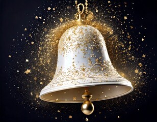 white Christmas bell with gold ribbons and ornaments, fell into a pile of powdery snow with a sprinkling of snow and flying gold stars.