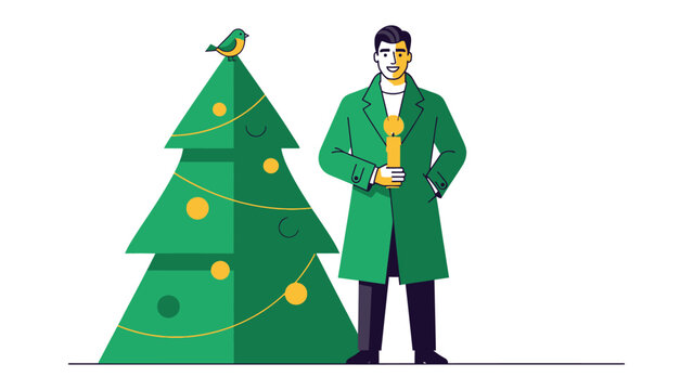 Holiday Harmony: A well-dressed individual radiates warmth and cheer standing besides a festive, decorated tree, embodying the spirit of celebration and the joy of the holiday season. 