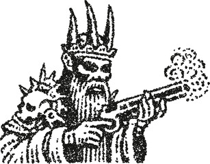 Skeleton king vector illustration with crown and rifle in vintage stipple dotwork art style
