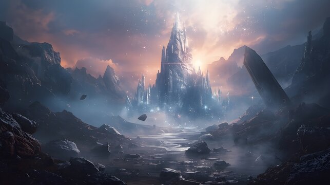 A mystical sci-fi landscape filled with glowing crystals and sparkle overlays, rising from a misty valley. Ethereal light beams, floating stones, dreamy fog atmosphere, ultra-detailed fantasy scenery.