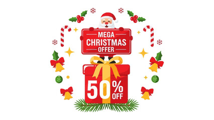 Festive Mega Christmas Offer: A vibrant depiction of holiday cheer, showcasing Santa Claus, gift box, and festive decorations, offering a generous 50% discount on Christmas products.