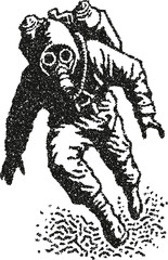 Person wearing gas mask vector illustration running in hazmat suit in vintage stipple dotwork style
