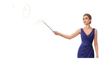 Elegant Woman in the Spotlight: An elegant woman in a flowing dress, poised and confident, indicates and makes gesture to the audience using a thin pointer.