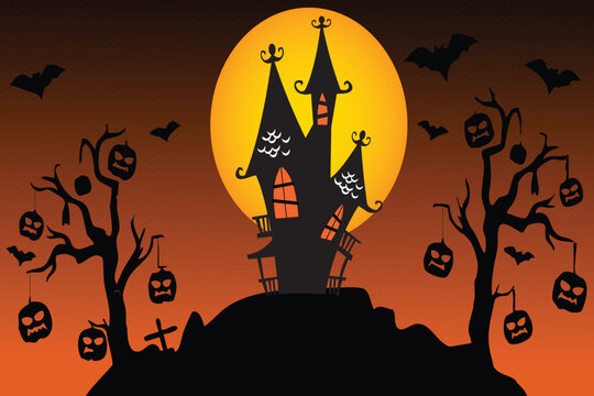 Spooky Halloween Night Background with Haunted Castle Silhouette and Hanging Jack-o-Lanterns - Powered by Adobe