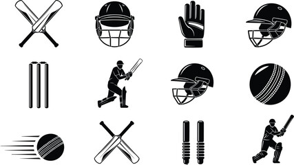 Cricket icons silhouette, sports gear, black symbols, batsman, helmet, stumps, ball, gloves, action pose, cricket equipment, field tools