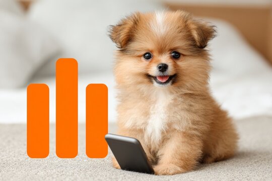 Morning bliss: puppy with smartphone in a radiant room. Puppy sunlight. How statistics influence decision-making in business and everyday life. Puppy delight. Puppy browsing.