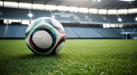 Soccer ball resting on green grass field in stadium