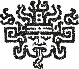 Tribal mask face vector illustration with tongue out and decorative headdress in stipple dotwork style
