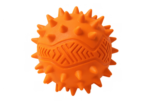 Orange rubber dog toy ball with spikes and patterns, providing stimulation for pet dogs. Transparent background