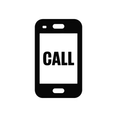 Black cell phone icon on white background displaying the text call in bold