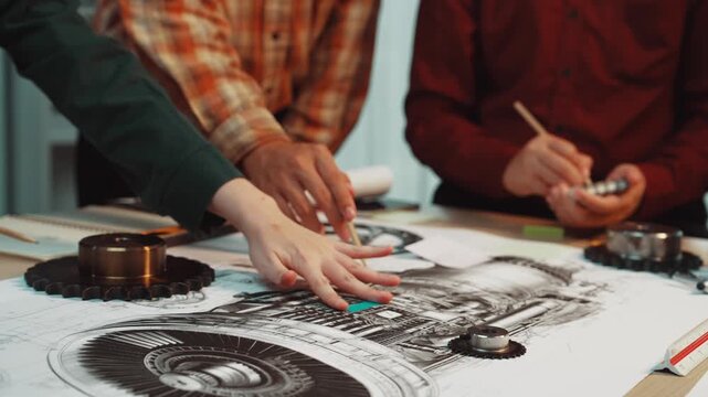 A group of engineers is engaged in a brainstorming session, collaborating on technical designs and detailed drawings related to mechanical components in a workspace. SACTR
