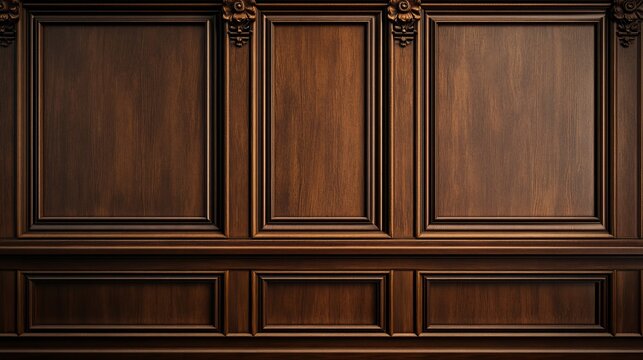 Sophisticated dark wood paneling creates a classic, timeless backdrop for elegant interiors and adds warmth to any room, perfect for design projects.